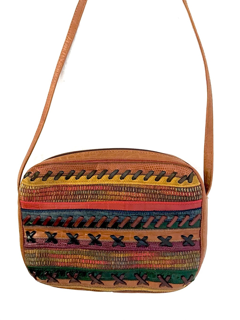 Sharif Multicolor Leather Woven Crossbody Bag in Tan, Red, Blue, Green - Picture 2 of 9